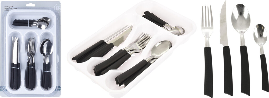 CHAMP cutlery set 25pcs. with cutlery tray (silver/black, 0.658kg)