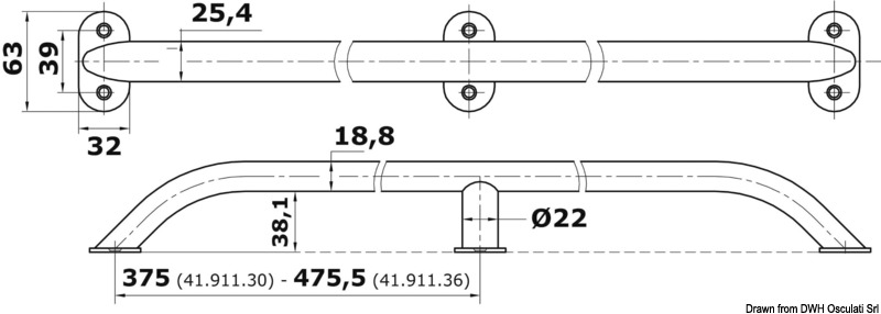 Handrail oval tube AISI316 19x25 mm 305 mm