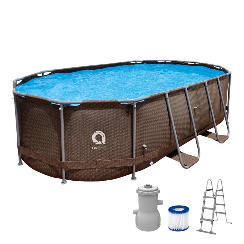 Jilong Ovales Stahlrahmen - Pool Set (braun - Rattanmuster, 427cm × 275cm × 100cm)